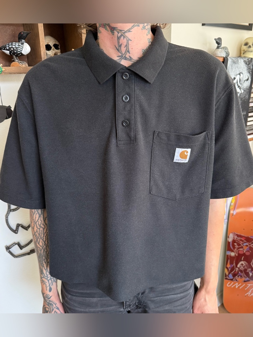 Carhartt Black Cropped Boxy Pocket Polo ~ Size Large